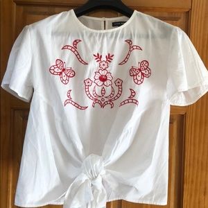 Blouse, Style Envy, embroidered front, front tie